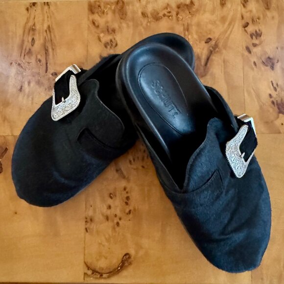 SCHUTZ Grace Black Calf Hair Leather + Silver Buckle Mule - Picture 1 of 5